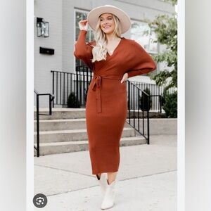 Pink Lily Burnt Orange Sweater Wrap midi Dress size medium